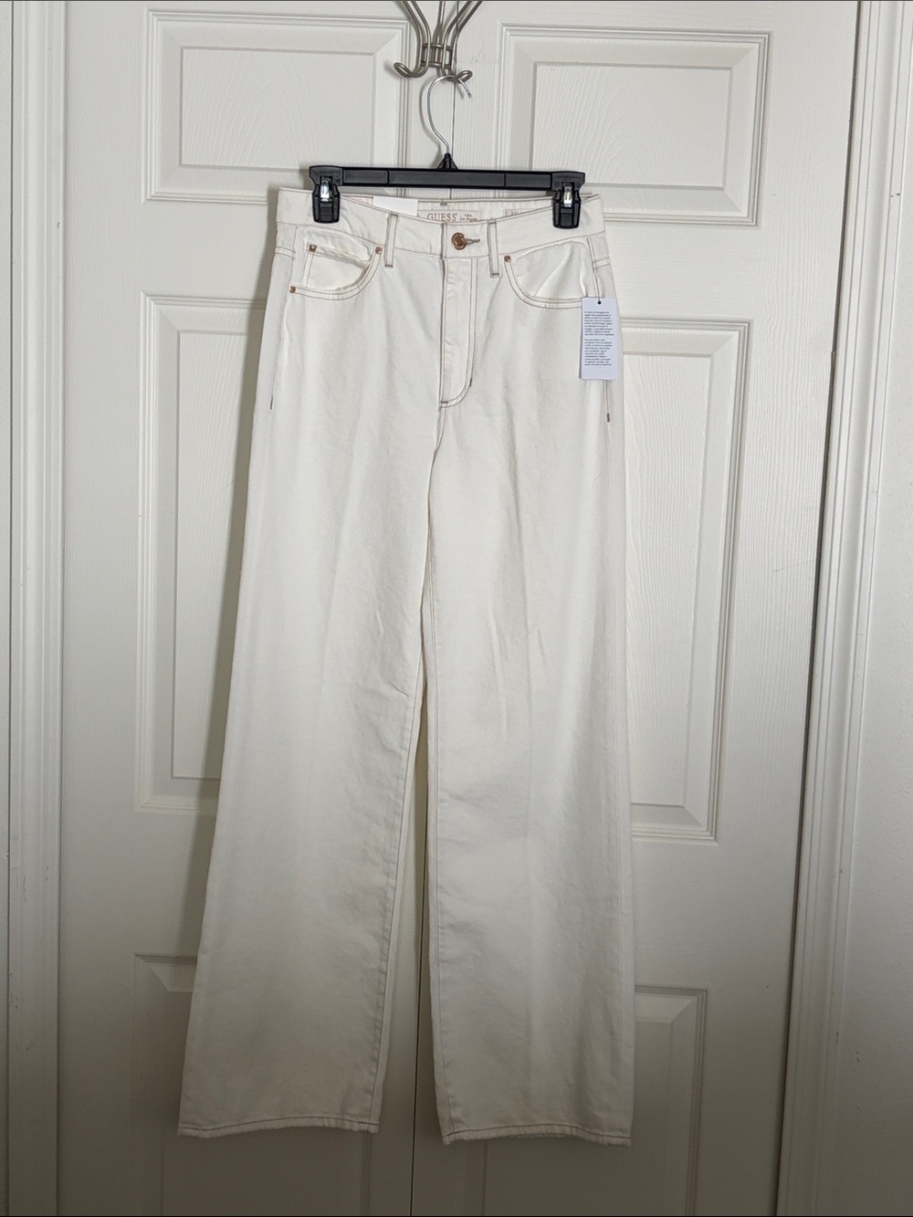 Guess Cream Ankle Wide-Leg Jeans with Studded Leather Patch